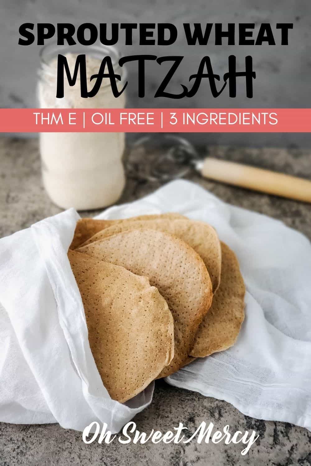 Enjoy on-plan sprouted wheat matzah for your THM Passover meal this year! Just 3 ingredients and no oil or added fats. #thm #sproutedwheat #homemadematzah #matzah #matzo #fatfree @ohsweetmercy