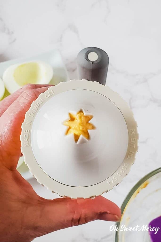 Large star opening on decorator tip allows bits of chopped kimchi to easily pass through