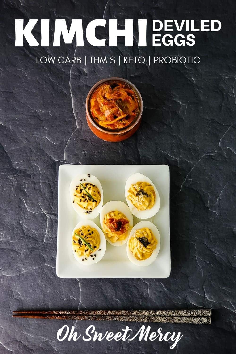 This simple but delicious kimchi deviled egg recipe is a great way to spice up your deviled eggs! Make them mild or spicy, either way you get probiotic goodness in every bite. Makes a tasty THM S appetizer, snack, or a quick protein source for any meal. #thm #lowcarb #keto #eggs #kimchi #probiotic @ohsweetmercy