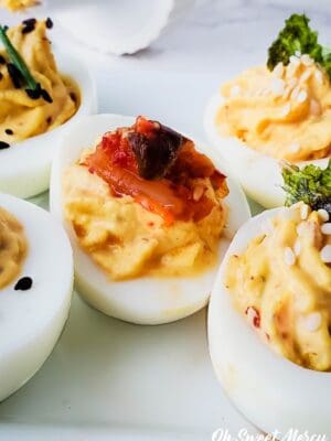 Close up of plate with kimchi deviled eggs