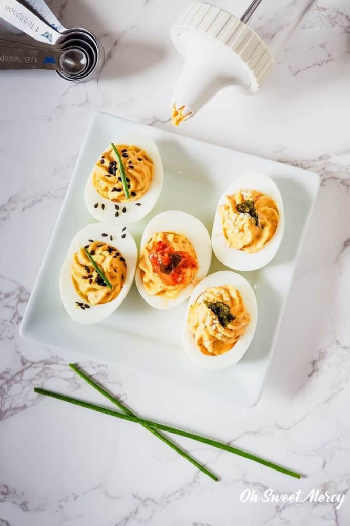 Plate of kimchi deviled eggs