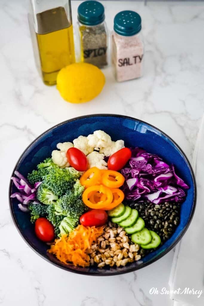 Colorful low fat grain bowl with lots of veggies