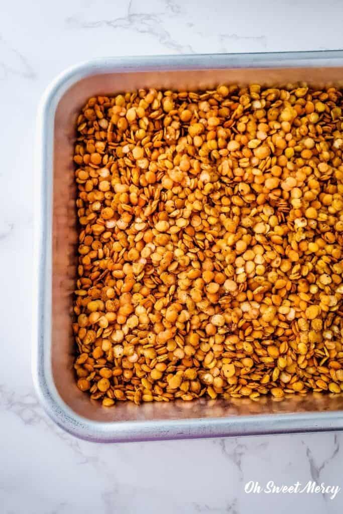 Crunchy roasted red lentils on sheet pan