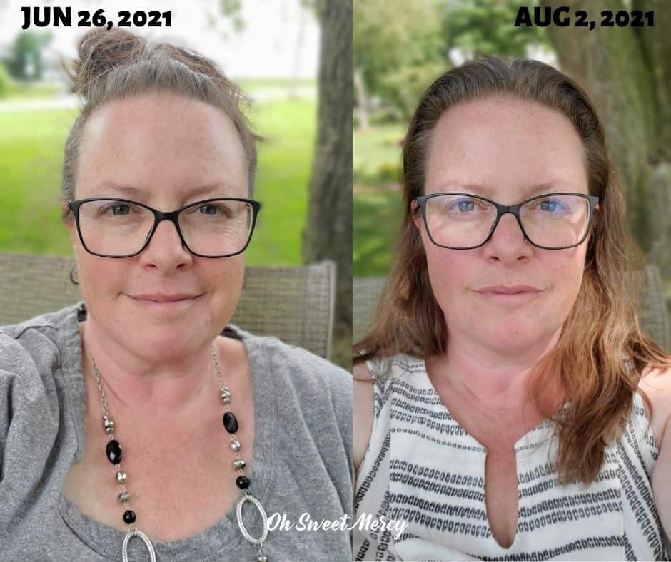 Discovering my food sensitivities was the key to getting THM working again for me. This before and after picture compares my face on June 26, 2021 and Aug 2, 2021, just over a month. My face is way less puffy!