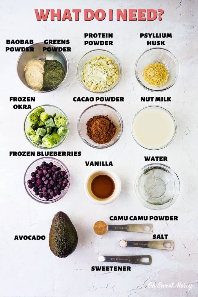 Ingredients for Chocolate Blueberry Smoothie: Okra, blueberries, avocado, cacao powder (or cocoa powder), baobab powder, Dynamic Duo Greens Powder, psyllium husk, nut milk, water, vanilla, camu camu powder, sweetener, salt. Some ingredients are optional, read post for all the details.