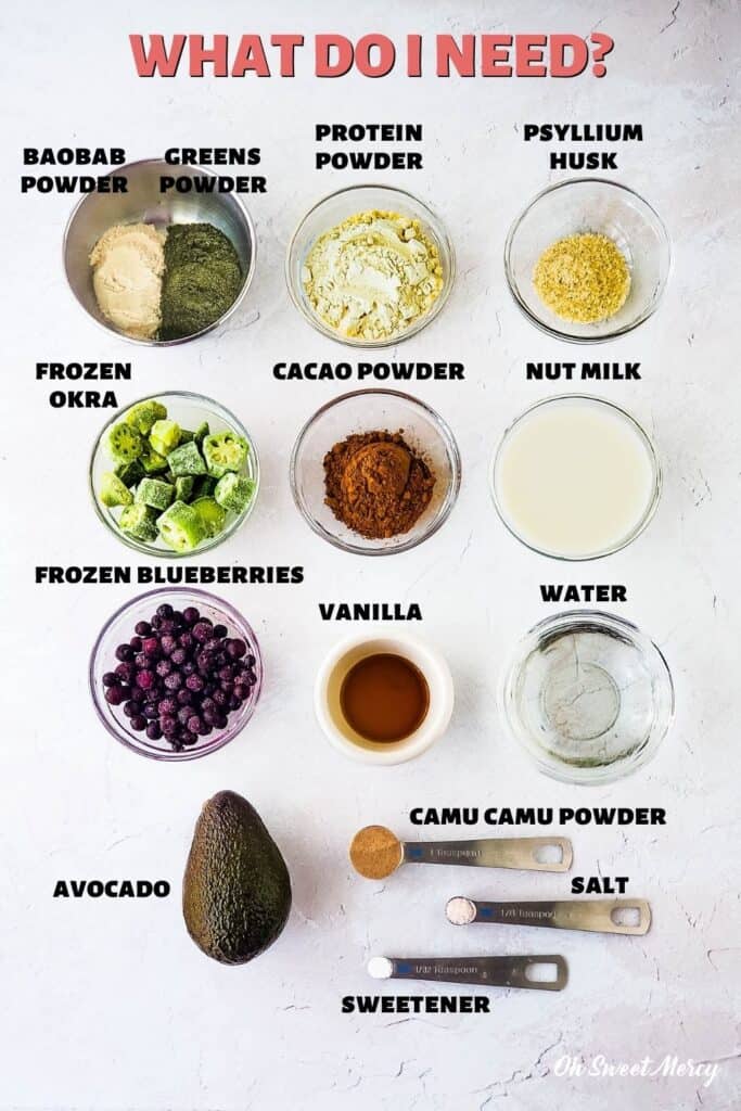 Ingredients for Chocolate Blueberry Smoothie: Okra, blueberries, avocado, cacao powder (or cocoa powder), baobab powder, Dynamic Duo Greens Powder, psyllium husk, nut milk, water, vanilla, camu camu powder, sweetener, salt. Some ingredients are optional, read post for all the details.