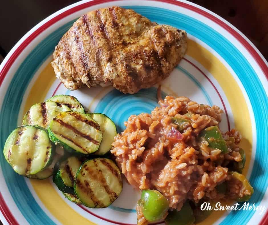 Grilled chicken, grilled zucchini, dairy free spanish rice.