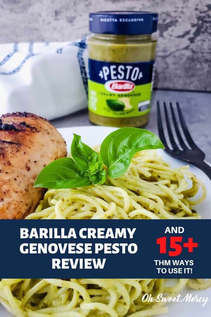 Pinterest Pin Image for Barilla Creamy Genovese Pesto Review + Over 15 Tasty THM Ways To Use It