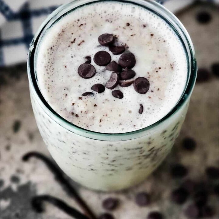 Photo of glass of dairy free chocolate chip shake