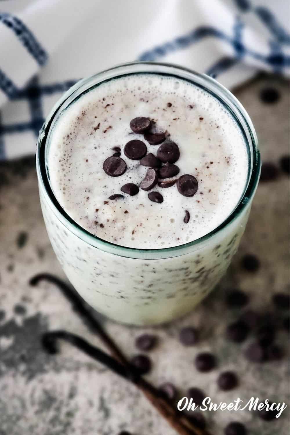 Photo of glass of dairy free chocolate chip shake