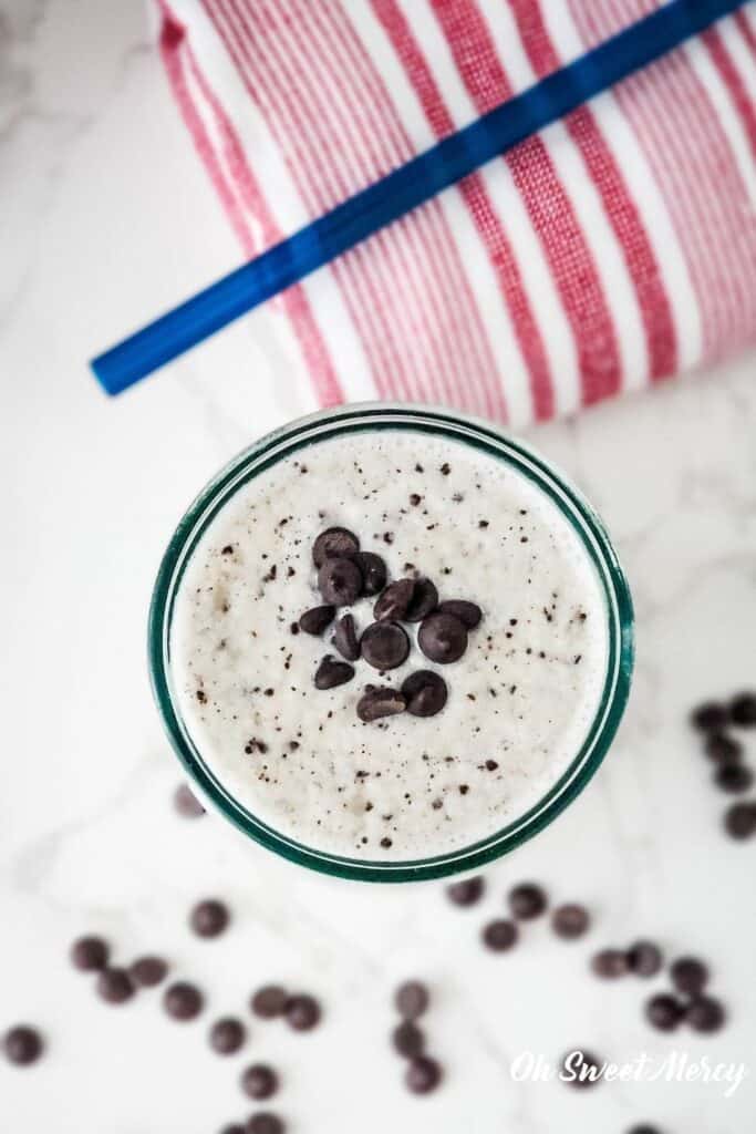 Overhead shot of glass of chocolate chip shake