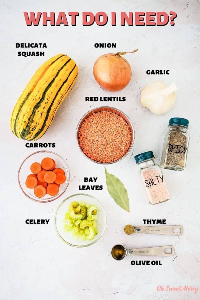 Ingredients for Red Lentil and Delicata Squash Soup recipe: delicata squash, onion, garlic, red lentils, carrots, celery, bay leaves, salt and pepper, ground thyme, olive oil.