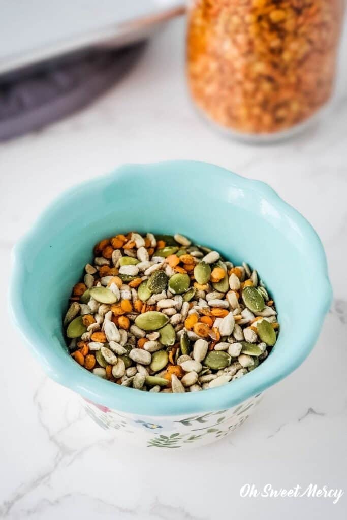 Small bowl with savory trail mix: pumpkin seeds, sunflower seeds, crunchy red roasted lentils 