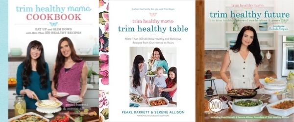 Cookbook cover images for Trim Healthy Mama Cookbook, Trim Healthy Table, and Trim Healthy Future
