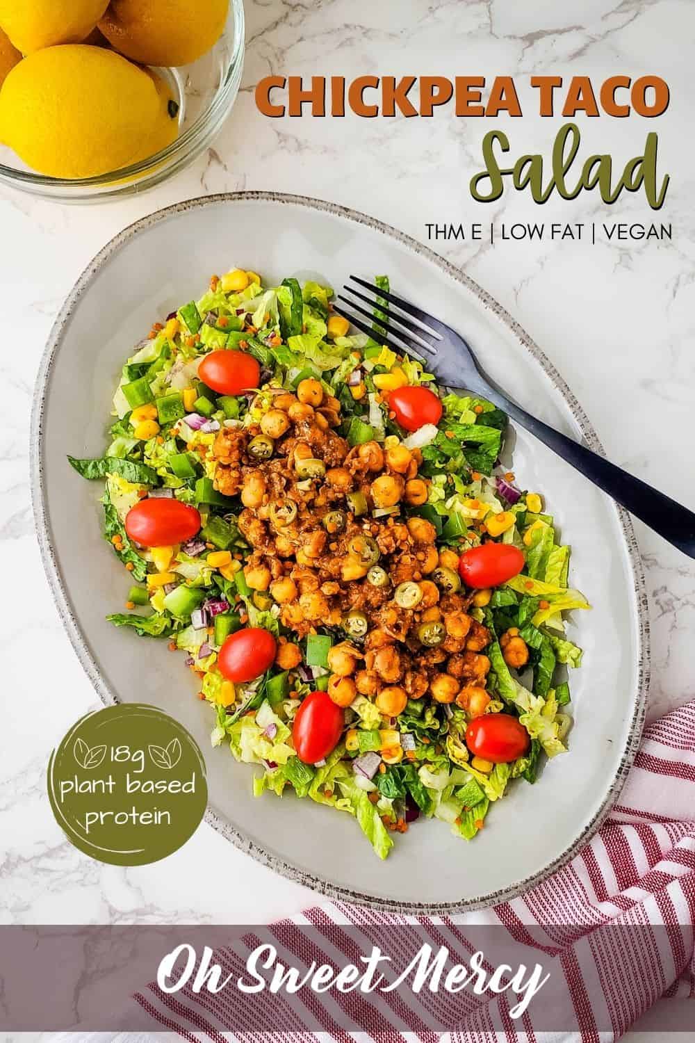 This easy Low Fat Chickpea Taco Salad is a great meatless and dairy free THM E meal! Crunchy and flavorful but low in fat, this salad is packed with almost 20 grams of plant based protein and plenty of taco flavor goodness. No cooking necessary, either! Great for hot summer days or any time you want a quick and easy meatless meal. #dairyfree #glutenfree #nutfree #vegan #plantbased #chickpeas #lowfat #heatlhycarbs #salad #trimhealthymama #thm #tacosalad @ohsweetmercy