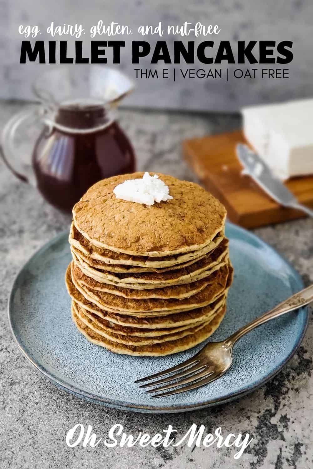 Do you miss pancakes? If you haven't had pancakes in ages because of egg, dairy, nut, and grain allergies or sensitivities have I got good news for you! My easy Millet Pancakes don't have any of those allergens! They're also atasty low fat THM E breakfast option (or anytime that pancake crave hits). And, they're vegan! #thm #allergyfriendly #eggfree #dairyfree #nutfree #grainfree #sugarfree #glutenfree #lowfat #healthycarbs #thmbreakfasts @ohsweetmercy