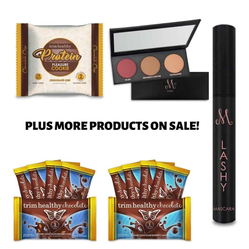 Photo collage of new products launching in sale: Chocolate chip Protein Pleasure Cookie, Cheeky blush palette, Lashy mascara, Dark Chocolate bars with or without almonds. 