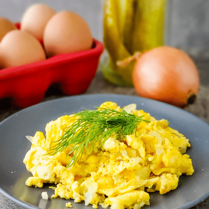 Dill pickle scrambled eggs on a gray plate garnished with fresh dill. Whole eggs, pickles, and onion in background