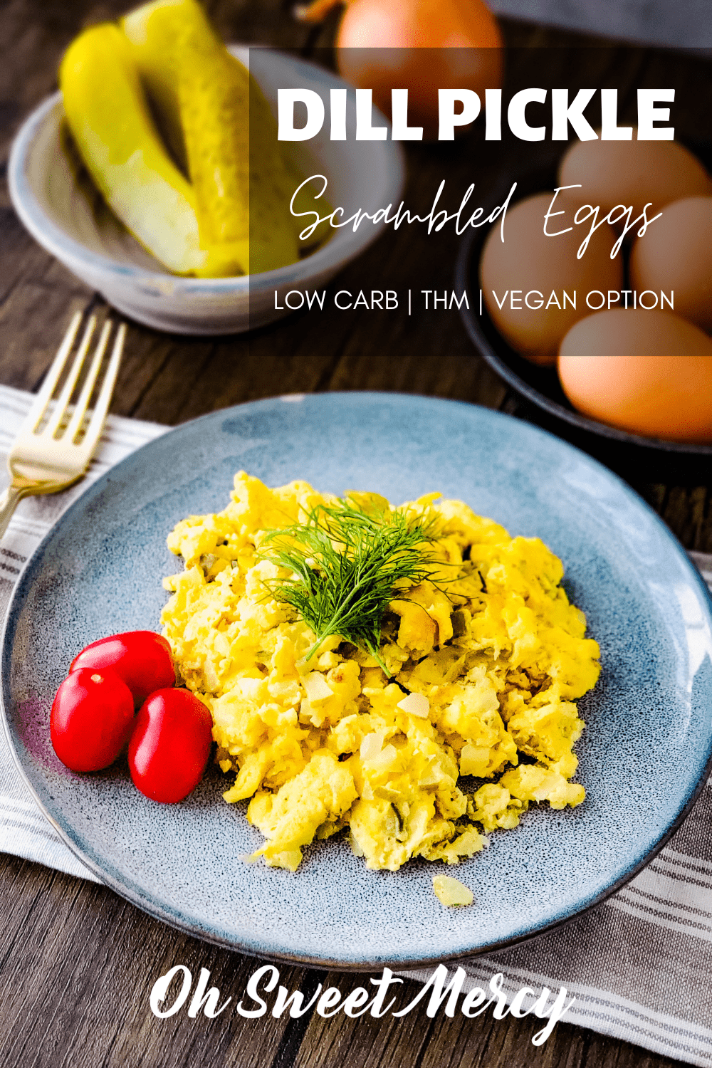  These Dill Pickle Scrambled Eggs are a quick and easy meal or snack! Use real eggs or liquid vegan egg substitute and just a few ingredients to quickly make a flavorful egg dish that wows your tastebuds! It sounds crazy but trust me, it's delicious! #thm #lowcarb #eggs #vegan #dairyfree #easybreakfast
