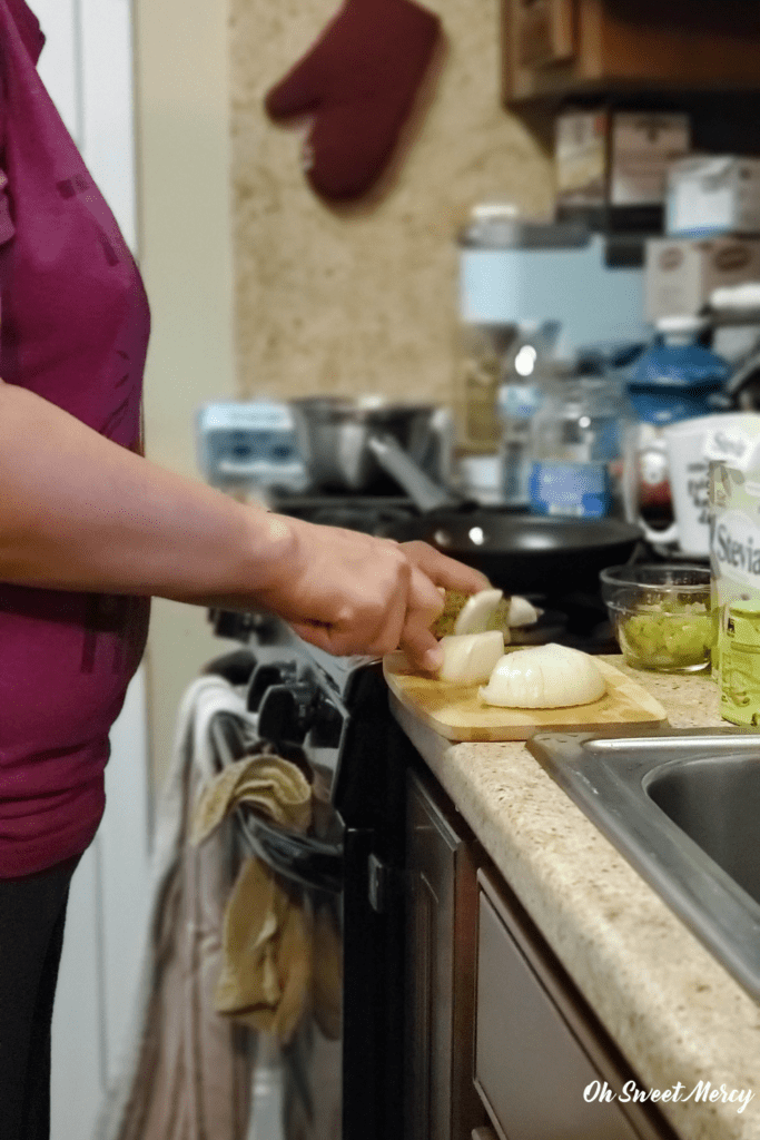 My sweet bestie cutting up onions while making me her fabulous Dill Pickle Scrambled Eggs